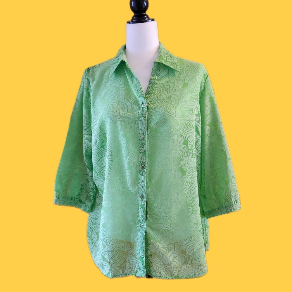 Carroll Reed Classics green leaf fern print button 3/4 sleeve blouse 12 large